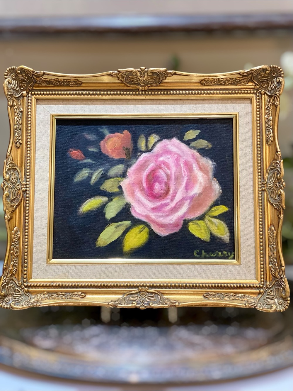 Vintage Original Painting Oil on Canvas Artist Signed Floral Roses Ornate Frame